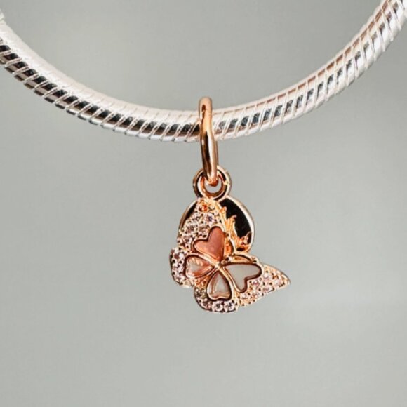 NEW Authentic Pandora Rose Gold Pink Butterfly & Quote Double Dangle Charm - Picture 2 of 5